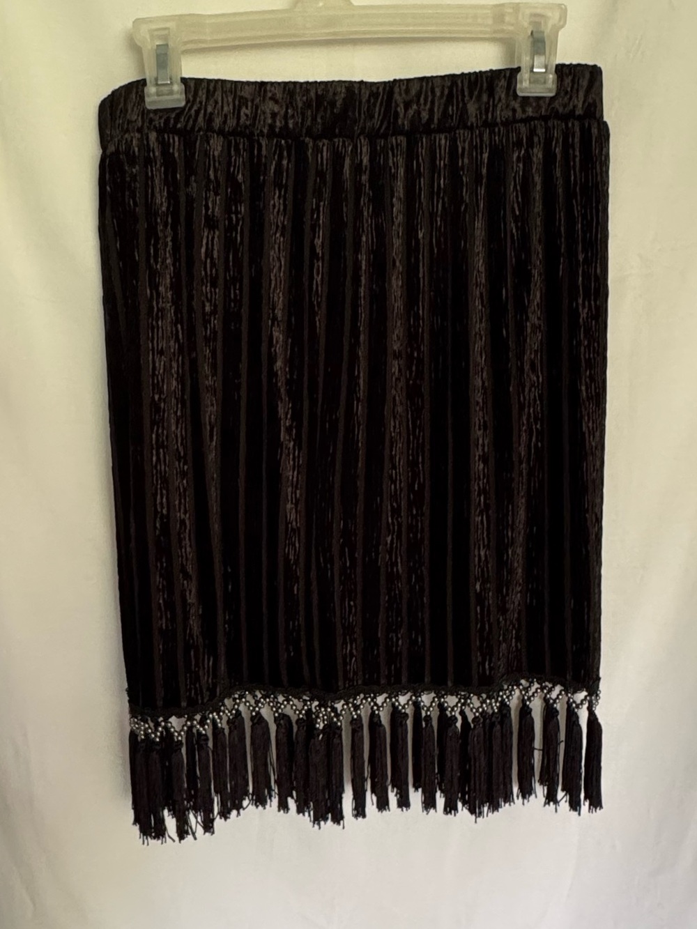 Endless Rose Black Pleated Velvet Mini Skirt with Beaded Piano Fringe St# SY515K